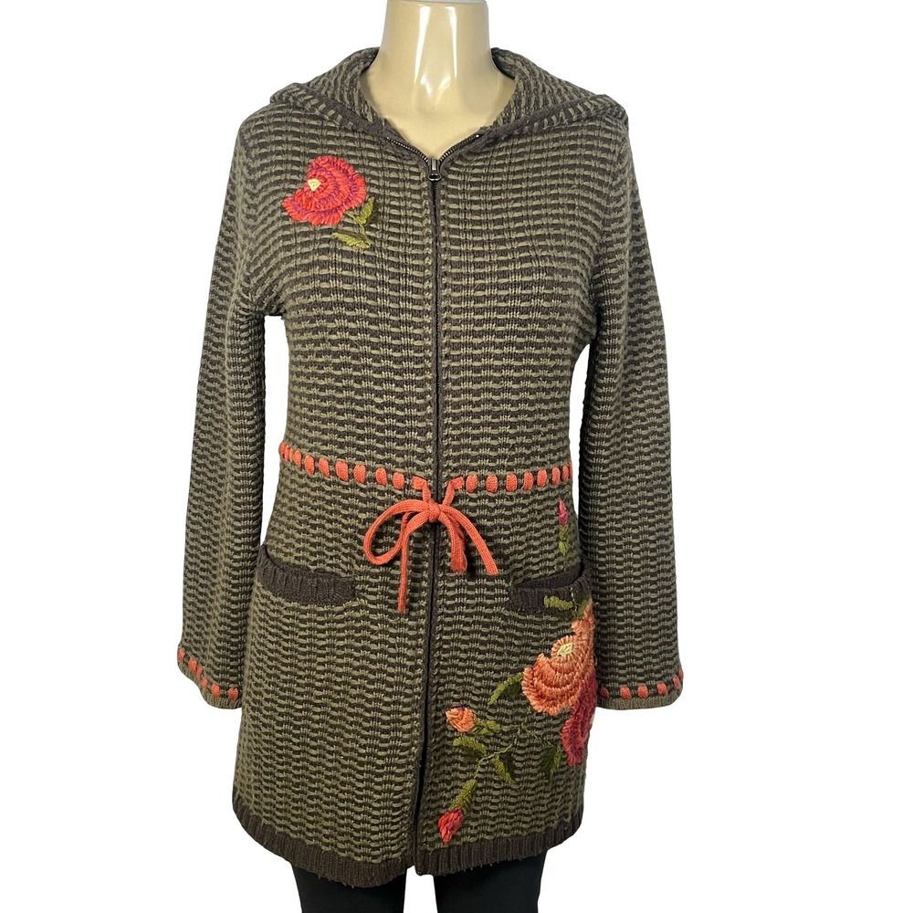 Cabi Zip Up Hooded Cardigan Sweater Small Floral Embroidered Long Wool Knit